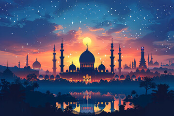 Beautiful painting of a city with a large mosque in the center