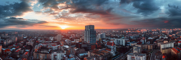 A Panoramic view of Architectural Diversity in Iași City set Against a Vibrant Sunset