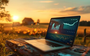 Laptop with Graphs on Screen in Sunset Field, A laptop displaying financial graphs sits on a rustic wooden table in an agricultural field at sunset, blending technology with nature.