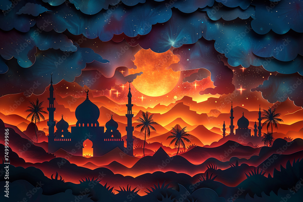 Wall mural Beautiful painting of a desert with mosque and large orange moon in the sky - Wall murals