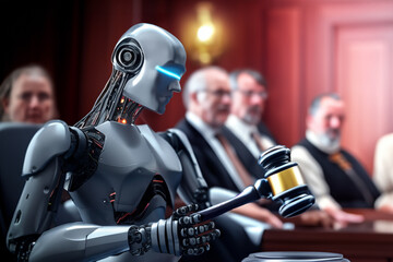 AI Lawyer chatbot. Robot lawyer in court. Robot generate content for advocate in court. Robot with Judge hammer in courtroom. AI Robot on chatGPT generated analytic for judge. Artificial Intelligence - obrazy, fototapety, plakaty