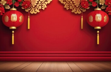 Happy Chinese New Year banner backdrop template. Decoration traditional festival paper fans with lantern on red background.