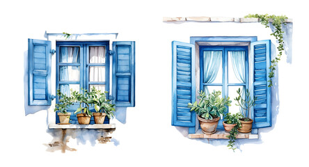 Greek window, watercolor clipart illustration with isolated background. - obrazy, fototapety, plakaty
