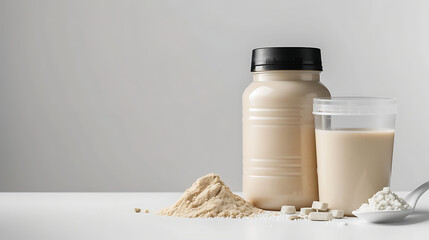 Bottle with protein shake and powder on white background - obrazy, fototapety, plakaty