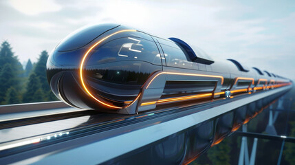 Sleek, modern train on an elevated glass track through a forest, blending technology with nature.