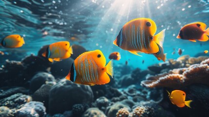 Fototapeta na wymiar School of fish swimming by coral reef in underwater natural environment