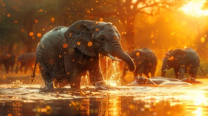 Elephants by river at sunset, drinking water in natural landscape