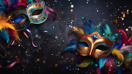 Carnival background with masks confetti