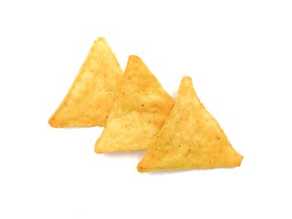 Fototapeta premium Top view of crispy nachos, isolated on white background.