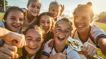 Foto op Canvas group of girls in soccer / football team - people celebrating success © Lisanne