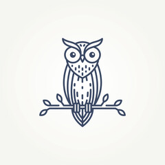 minimalist owl bird standing on a tree branch line art icon logo template vector illustration design