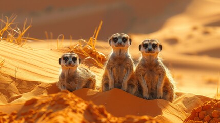 Three meerkats perched on a desert sand dune, observing the landscape - obrazy, fototapety, plakaty