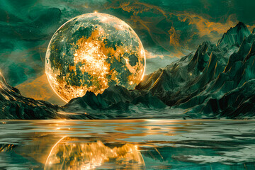 Planète lumineuse derrière la montagne, se reflétant dans l'eau