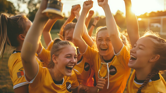 group of girls in soccer / football team - people celebrating success