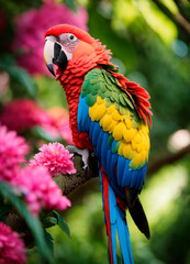 Fototapeta premium parrot in the jungle in tropical flowers. Selective focus.