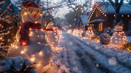 Creating a winter wonderland outside, with snowmen and twinkling lights transforming the yard.