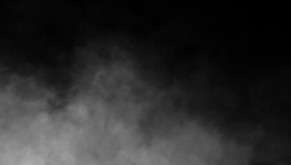 Abstract misty fog on isolated black background. Smoke stage studio. Texture overlays. The concept of aromatherapy.