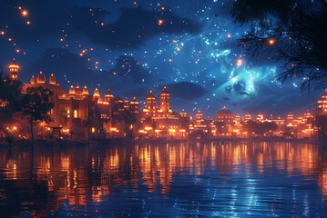 Obraz premium City with a river in the background and a sky full of stars