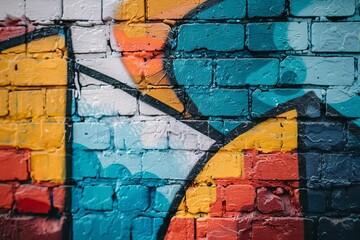Detailed Close-Up of Textured Brick Wall with Diverse and Colorful Street Art, Reflecting Urban...