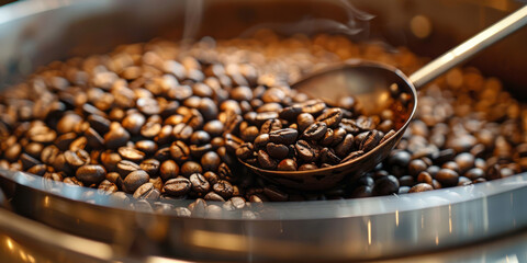A close-up view of a spoon filled with dark roast coffee beans resting on a table surface.