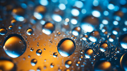 Vivid Orange and Blue Water Droplets Creating a Dynamic and Textured Surface. - obrazy, fototapety, plakaty