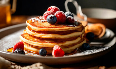 pancakes on a plate with berries. Selective focus. - obrazy, fototapety, plakaty
