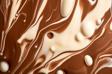 Dynamic swirl of chocolate and milk creating an abstract creamy background with droplets.