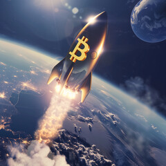 Bitcoin rocket flies up, cryptocurrency investing concept.