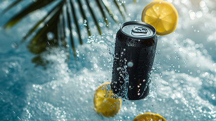Black drink can, hovering flying above the crystal clear water beside a gorgeous palm leaf. - obrazy, fototapety, plakaty