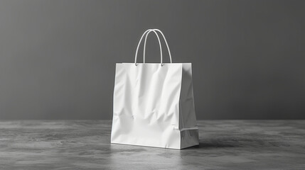 White Folded paper bag with handle isolated on white background. Paper bag. Kraft paper shopping bag. White folded paper bag with handle. Empty grocery paper bag. Recycled carton package. Mock up - obrazy, fototapety, plakaty