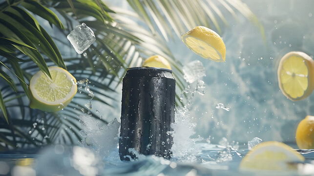 Black drink can, hovering flying above the crystal clear water beside a gorgeous palm leaf.