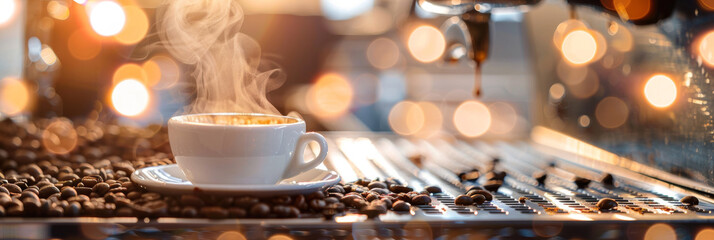 Steam rises from a fresh espresso amidst coffee beans on a machine tray, with golden bokeh lights