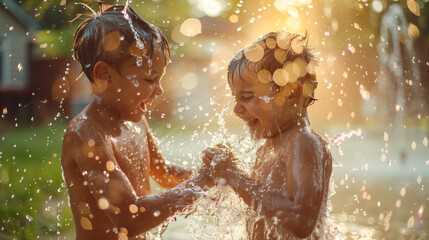 Obraz premium Two children are captured in a burst of laughter as they play with water in the golden light of a summer afternoon.