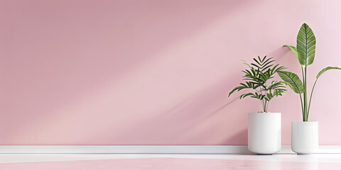 Minimalistic Interior with Potted Tropical Plants against Pastel Pink Wall