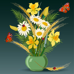 Flowers in a vase and butterflies.Bouquet of flowers and ears of corn in a vase on a colored background in a vector illustration.