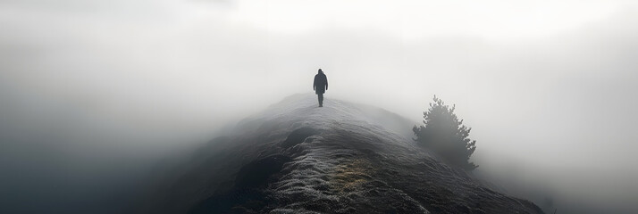 a person walking on a hill in the fog