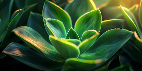 Close-up of an agave plant with vibrant green leaves and soft lighting