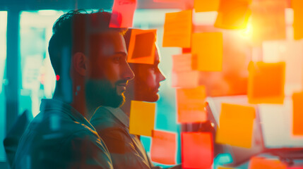 Focused professionals with sticky notes on glass, brainstorming session, creative office.

