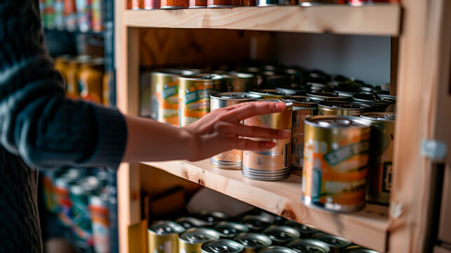 Person stocking canned food on shelves, concept of emergency preparedness and food storage.
