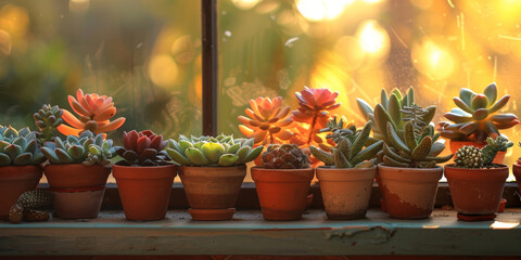 A vibrant collection of assorted succulent plants in terracotta pots against a sunset backdrop