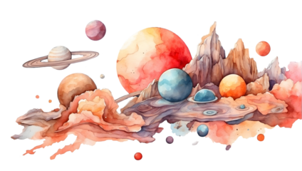 png watercolor planets, space , on transparent background, sublimation for t-shirt and postcard, your design