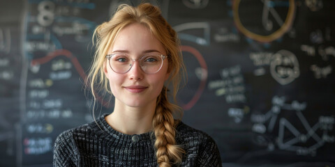 A young female teacher with light blonde hair, wearing round glasses, smiles in front of a blackboard filled with complex diagrams