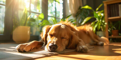 Fluffy golden retriever napping peacefully on a mat in a sunny, plant-filled room