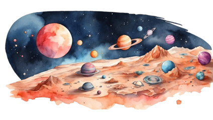 png watercolor planets, space , on transparent background, sublimation for t-shirt and postcard, your design