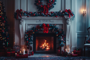 Fireplace With Stockings And A Wreath Hanging Above It - obrazy, fototapety, plakaty