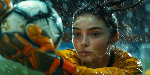 Intense moment as a female soccer goalkeeper, clad in red, intensely focuses on blocking a soccer ball during a rainy match