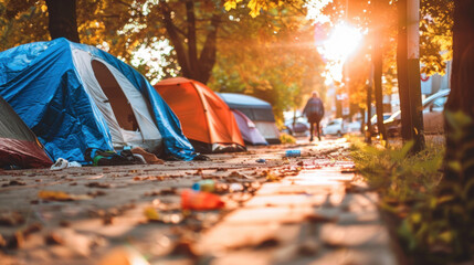 Makeshift camp of homeless people on city streets - obrazy, fototapety, plakaty