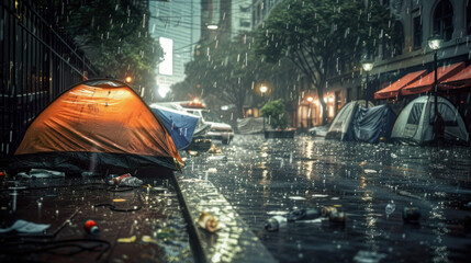 Makeshift camp of homeless people on city streets, rainy night - obrazy, fototapety, plakaty
