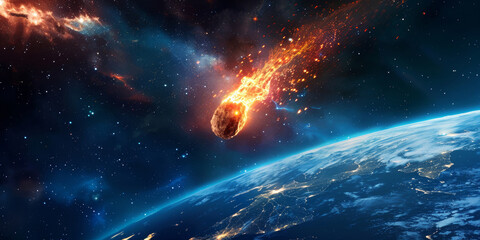 Dramatic depiction of a large asteroid ablaze as it enters the Earth's atmosphere, set against the vastness of space - obrazy, fototapety, plakaty