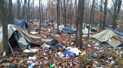 Tent Encampment in park or forest, life conditions of homeless people - obrazy, fototapety, plakaty